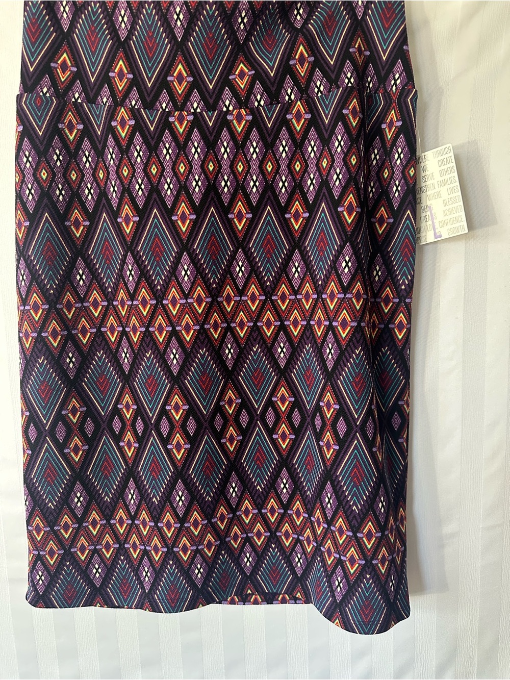 LuLaRoe Pencil Skirt in Purple with Teal, Pink & Orange Geometric Print